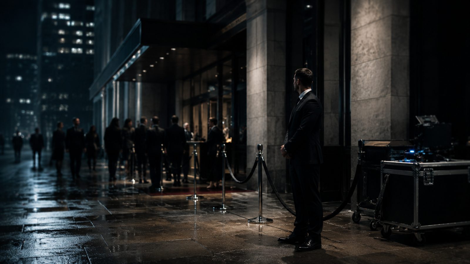 Corporate security officer at a Chicago building entrance at night