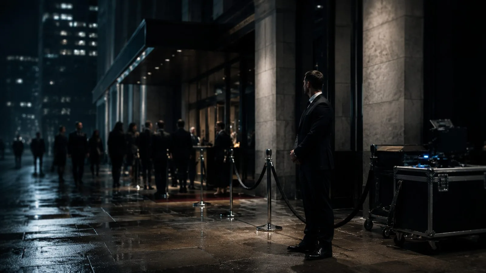 Corporate security officer at a Chicago building entrance at night