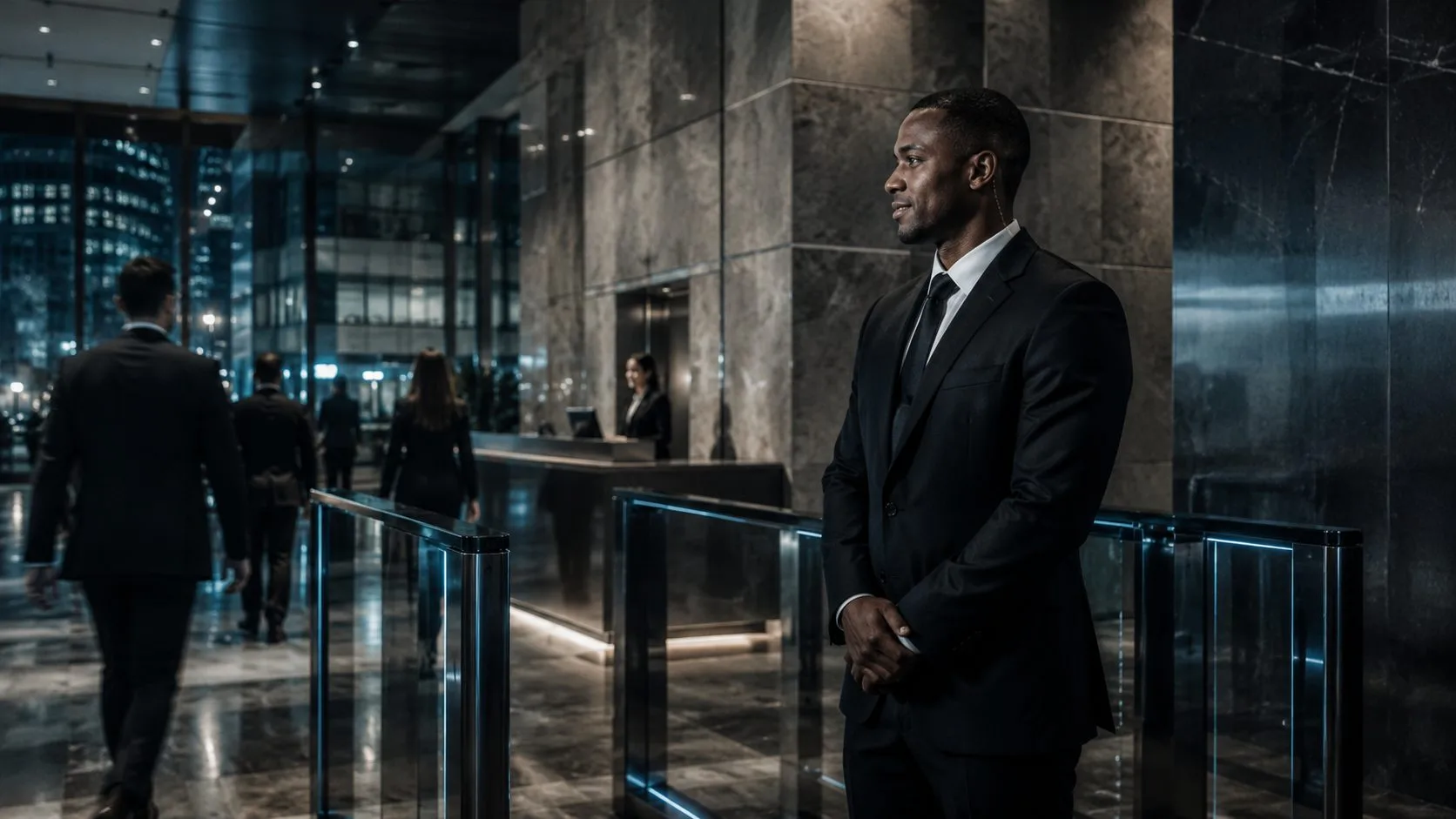 Corporate security officer in a Chicago office lobby