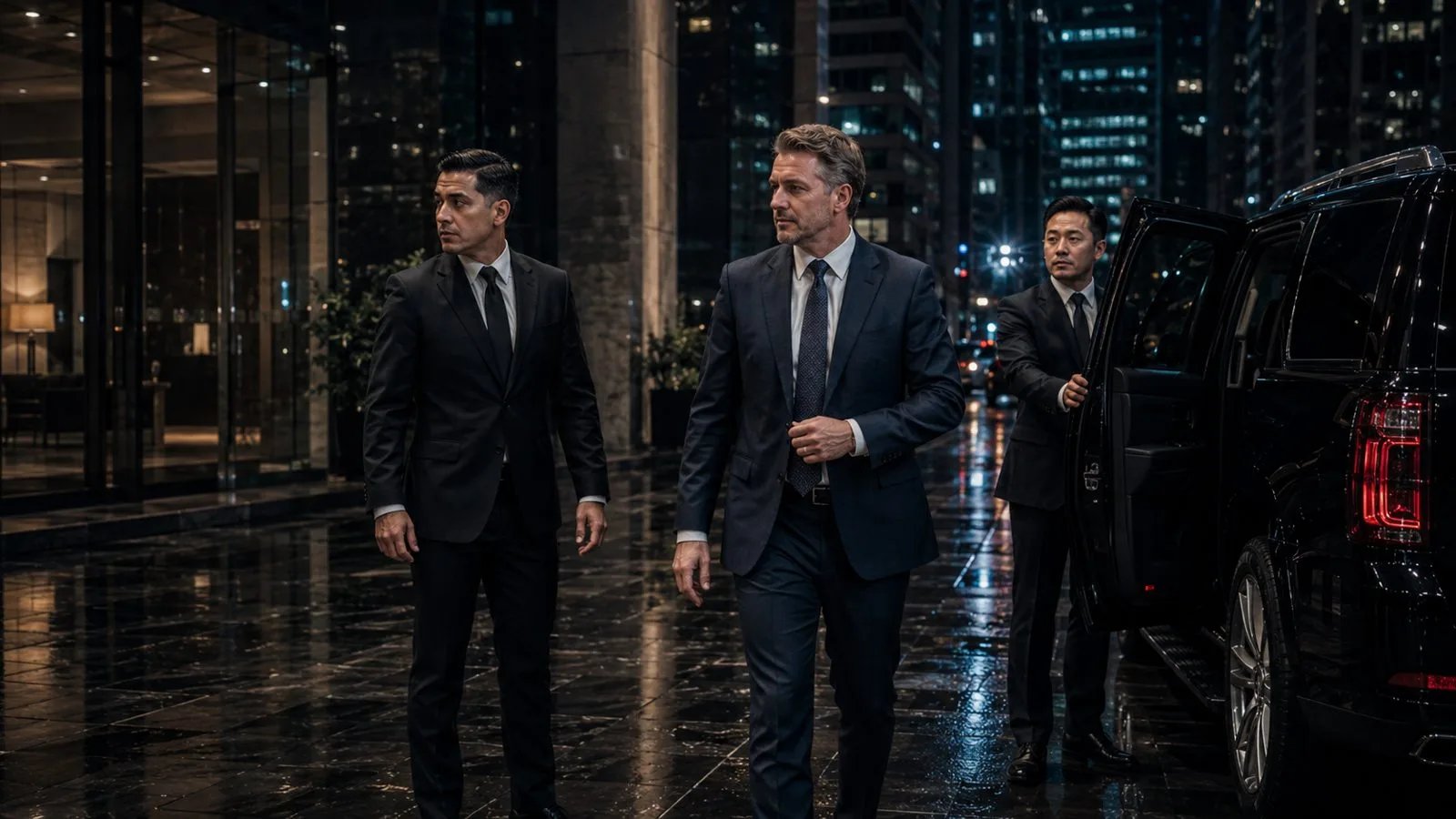 Executive protection detail with a principal in Chicago at night