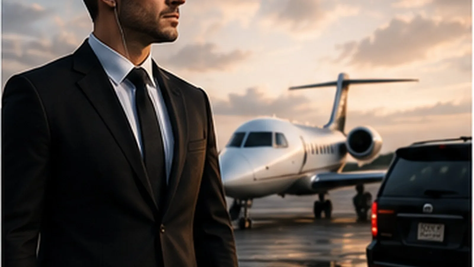 Executive protection agent coordinating a private aviation arrival with luxury vehicle support