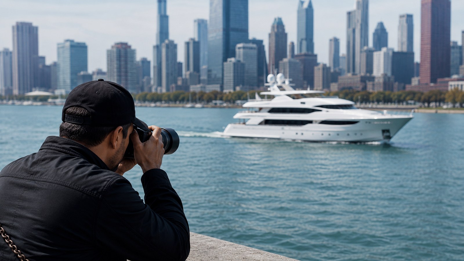Private investigator photographing a yacht on Lake Michigan near the Chicago skyline