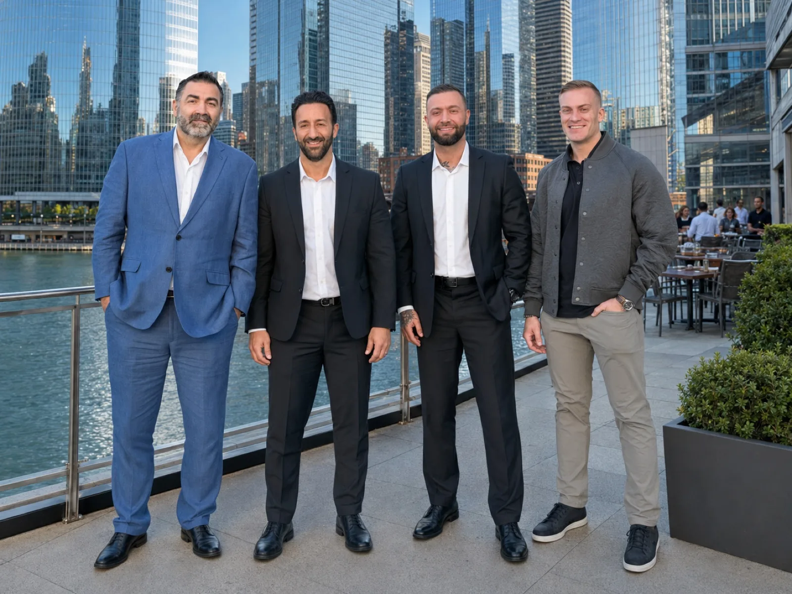 The TB Defense leadership team on the Chicago riverfront with the downtown skyline