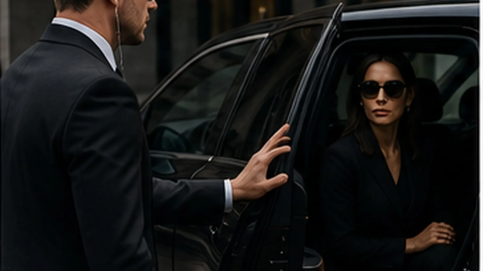 Executive protection agent managing a discreet vehicle arrival for a protected client