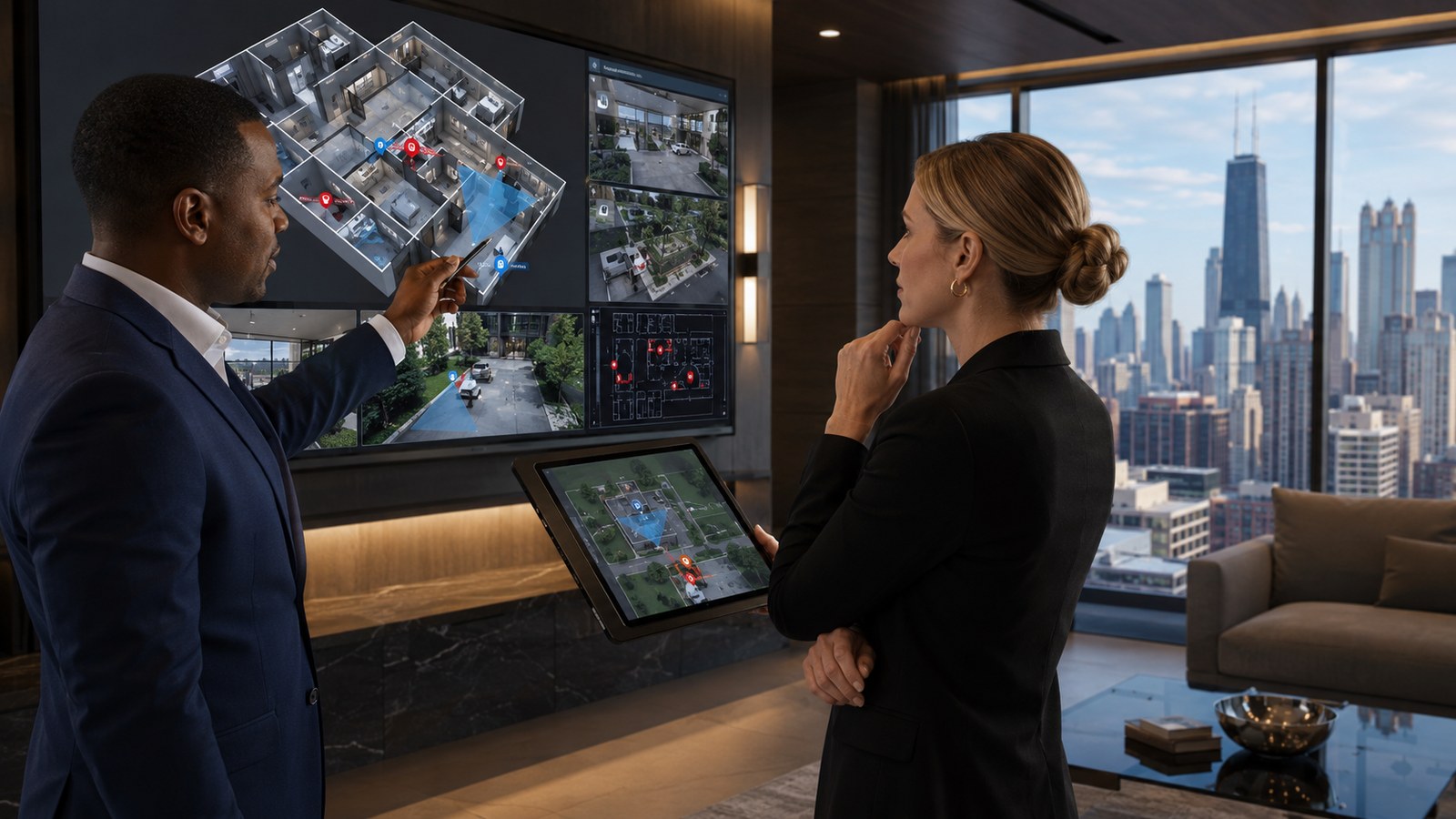 Security consultant reviewing building access points and camera coverage during a risk assessment