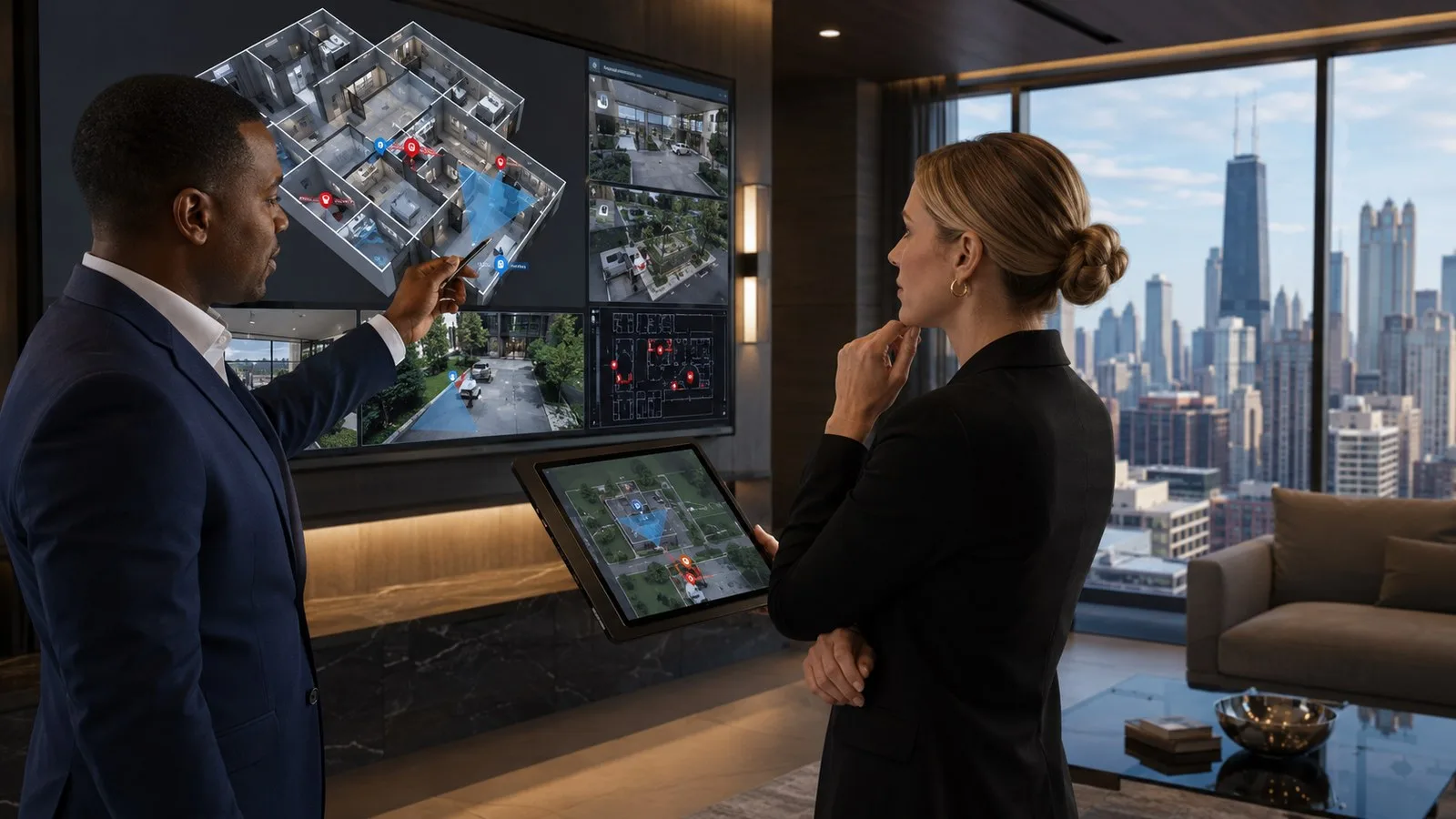 Security consultant reviewing building access points and camera coverage during a risk assessment