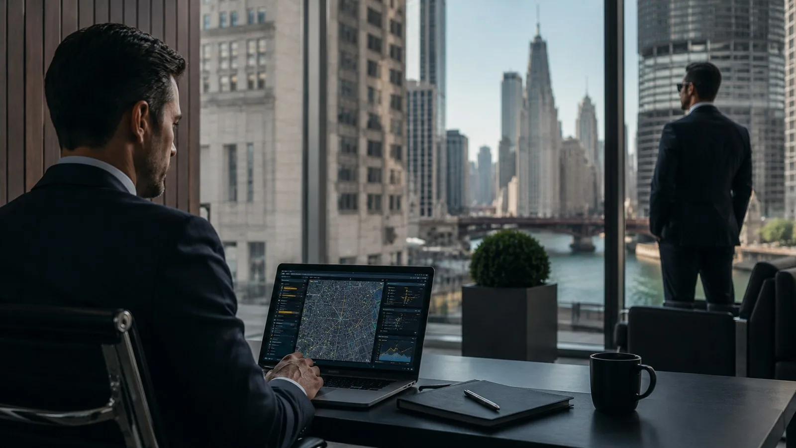 Protective intelligence analyst reviewing security mapping and threat data in Chicago