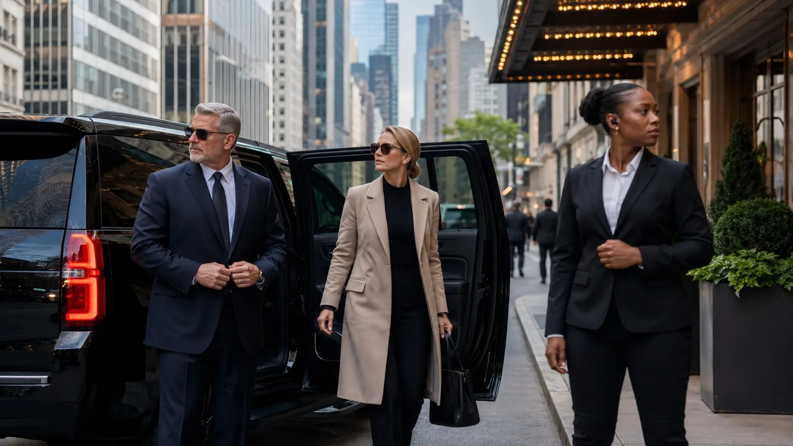 Protective security team assisting an executive arrival in downtown Chicago